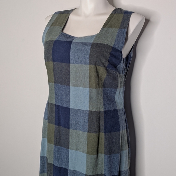 Christopher & Banks Blue Green Plaid Stripes Sleeveless Square Neck Midi Dress - Picture 2 of 7